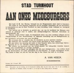 " Stad Turnhout. Aan onze medeburgers. Het heeft Z.M. de Koning gehaagd ons als burgemeester dezer stad te benoemen (…) A. Van Hoeck", affiche
