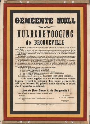 "Gemeente Moll Huldebetooging de Broqueville (…) zondag 1 october", affiche
