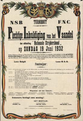 "N.S.B. Turnhout F.N.C. Plechtige inhuldiging van het Vaandel der afdeling 'Nationale Strijdersbond' (…) zondag 19 juni 1932", affiche
