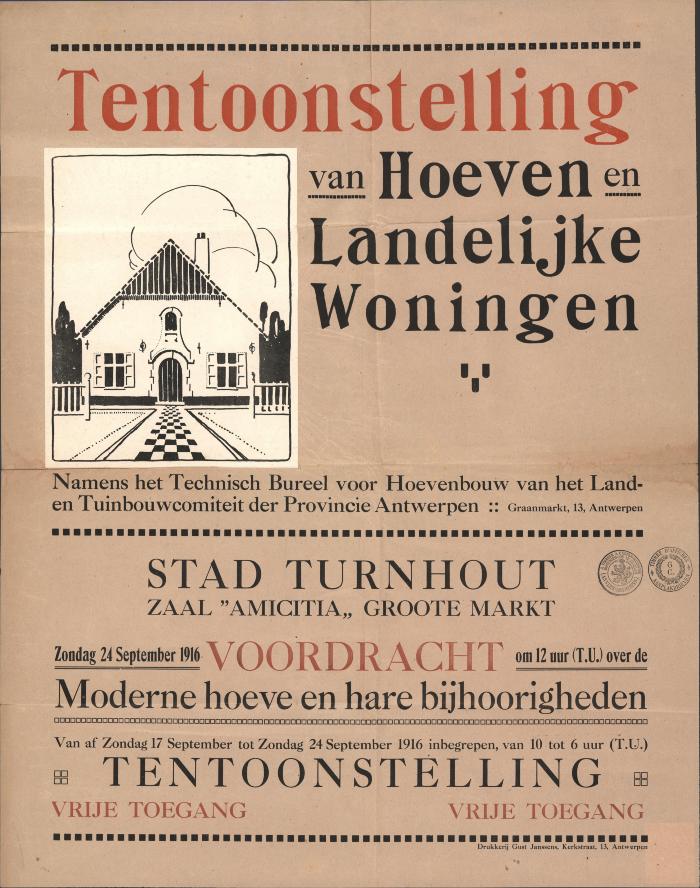 "Tentoonstelling van hoeven en landelijke woningen (…) stad Turnhout (…) 17 september tot 24 september", affiche
