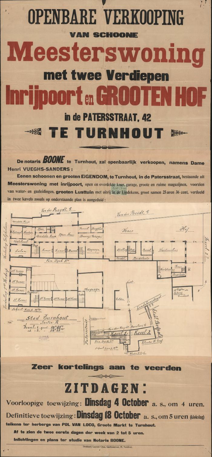 "Openbare verkooping van schoone meesterswoning met twee verdiepen inrijpoort en grooten hof in de Patersstraat 42 Turnhout (…) 4 en 18 october", affiche
