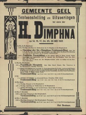 "Gemeente Geel Tentoonstelling en uitvoeringen ter eere der H. Dimphna op 14, 15, 17, 24, 25, 26 mei 1931", affiche
