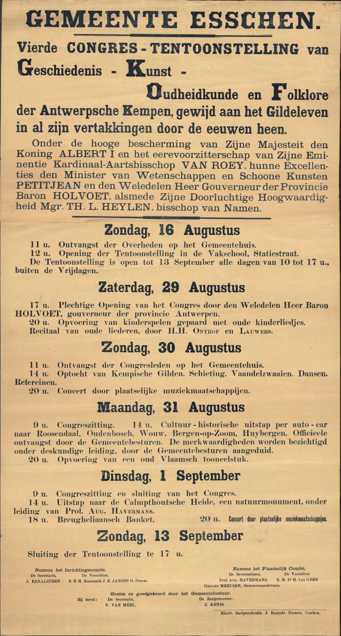 "Gemeente Esschen. Vierde congrestentoonstelling van geschiedenis - kunst - oudheidkunde en folklore (…) van zaterdag 29 augustus tot 13 september", affiche
