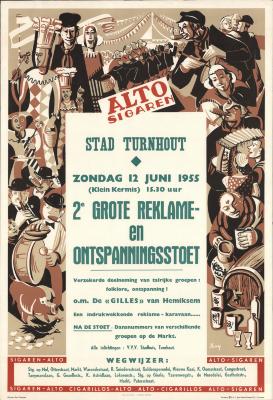 "Stad Turnhout. 2e grote reklame- en ontspanningsstoet (…) zondag 12 juni 1955", affiche
