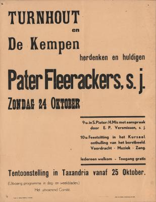 "Turnhout en de Kempen herdenken en huldigen Pater Fleerackers, S.J. (…) vanaf 25 oktober", affiche
