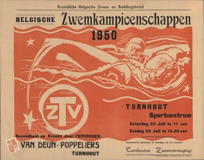 "Belgische zwemkampioenschappen Turnhout sportcentrum (…) 22 en 23 juli 1950", affiche
