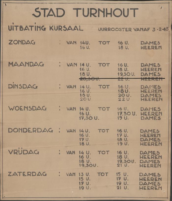 "Stad Turnhout uitbating Kursaal uurrooster (…) vanaf 3 februari 1945", affiche
