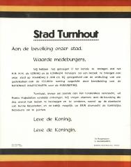 "Stad Turnhout. Aan de bevolking onzer stad, waarde medeburgers (…) H.H. M.M. de koning en de koningin (…) een bezoek te brengen aan onze stad (…) maandag 8 juni", affiche

