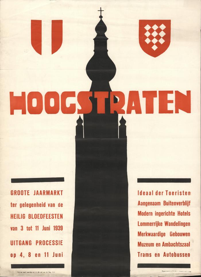 "Hoogstraten. Groote jaarmarkt ter gelegenheid van de Heilig Bloedfeesten. Uitgang processie Eeuwfeestviering (…) van 11 juni tot 31 juli 1939", affiche
