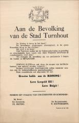 "Aan de bevolking van de Stad Turnhout. De Koning is terug in het land (…)22 juli 1950", affiche
