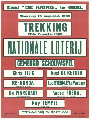 "Trekking elfde tranche 1963 Nationale loterij te Geel", affiche
