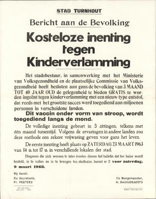 "Stad Turnhout. Bericht aan de bevolking kosteloze inenting tegen kinderverlamming (…) 9 maart 1963", affiche
