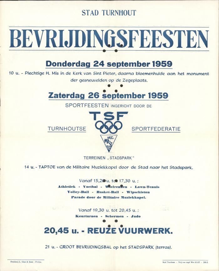"Stad Turnhout. Bevrijdingsfeesten (…) donderdag 24 september 1959", affiche
