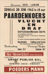 "Geel-Larum. Paardenkoers vlucht en draf (…) zondag 30 juni 1963", affiche
