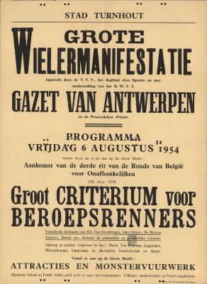 "Stad Turnhout. Grote Wielermanifestatie (…) 6 augustus 1954", affiche
