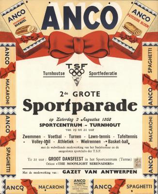 "Stad Turnhout. 2e grote sportparade (…) zaterdag 2 augustus 1958", affiche
