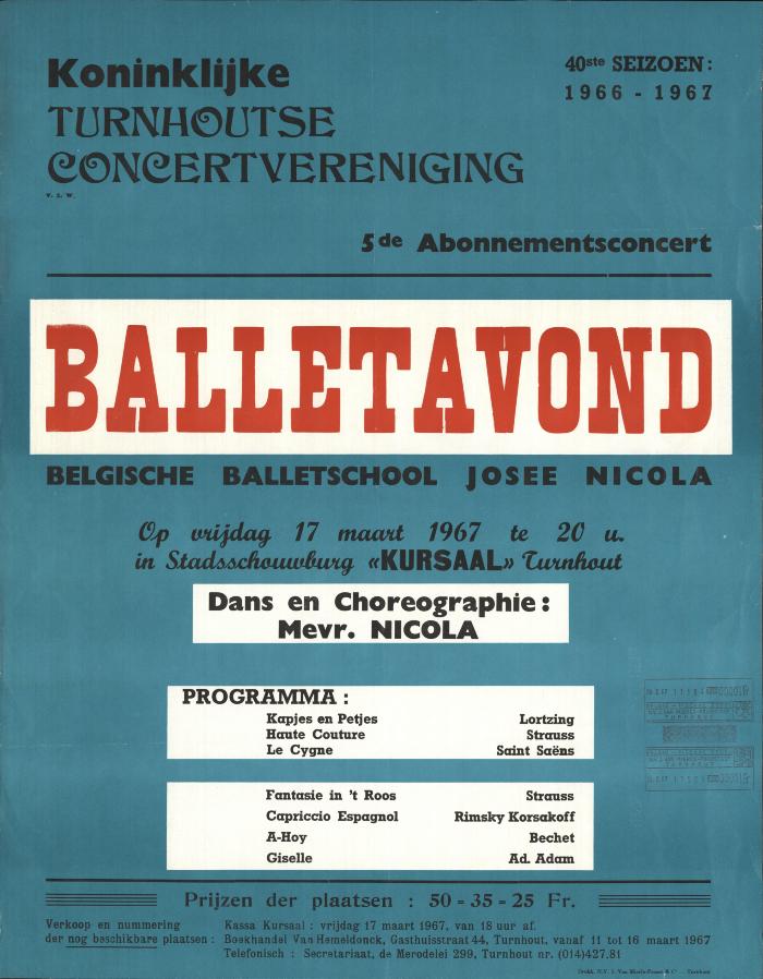 "Seizoen 1966-1967. 5de  abonnementsconcert Balletavond (…) vrijdag 17 maart 1967", affiche
