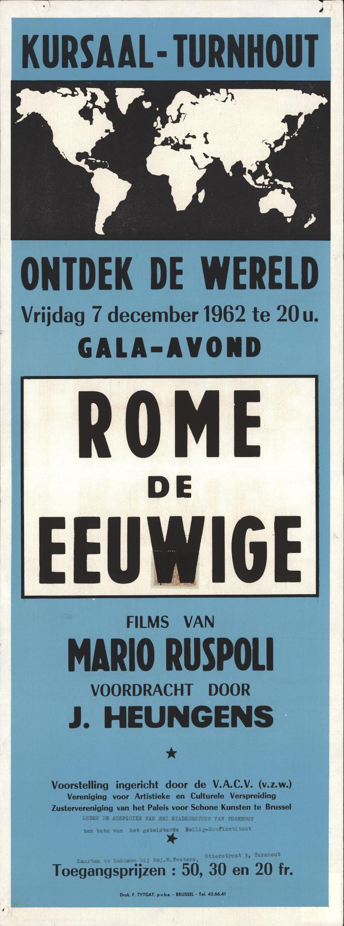 "Kursaal Turnhout. Ontdek de wereld Rome de eeuwige (…) vrijdag 7 december 1962", affiche

