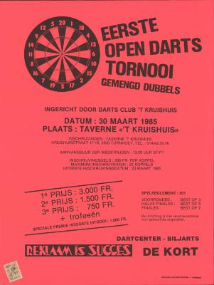 "Eerste open darts tornooi gemend dubbel (…) 30 maart 1985", affiche
