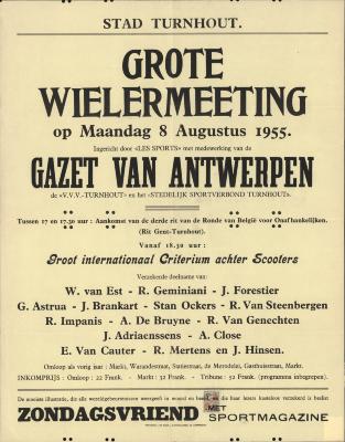"Stad Turnhout. Grote wielermeeting (…) maandag 8 augustus 1955", affiche
