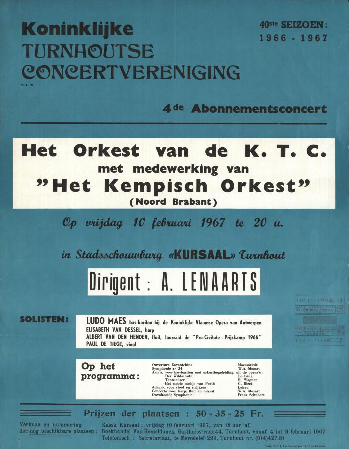 "Seizoen 1966-1967. 4de  abonnementsconcert Het orkest van de K.T.C. (…) vrijdag 10 februari 1967", affiche
