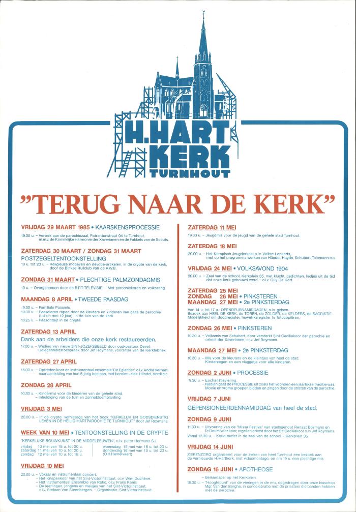 "H. Hartk kerk Turnhout 'Terug naar de kerk' (…) 29 maart 1985 tot 16 juni", affiche
