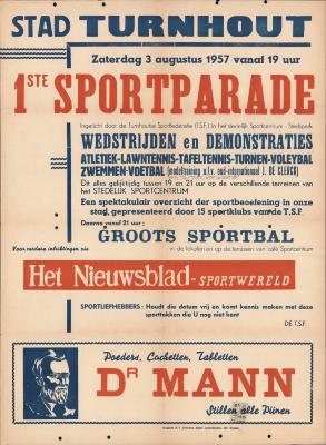 "Stad Turnhout. 1ste sportparade (…) zaterdag 3 augustus 1957", affiche
