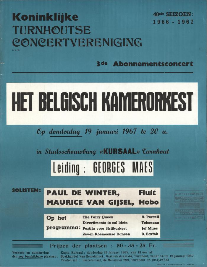 "Seizoen 1966-1967. 3de  abonnementsconcert Het Belgische kamerorkest (…) donderdag 19 januari 1967", affiche
