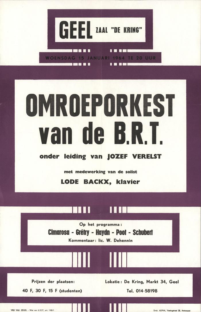 "Geel. Omroeporkest van de B.R.T. (…) woensdag 15 januari 1964", affiche
