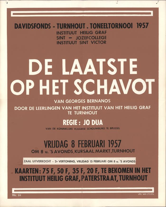 "Davidsfonds - Turnhout - toneeltornooi De laatste op het schavot (…) vrijdag 8 februari 1957", affiche
