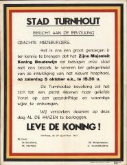 "Bericht aan de bevolking (…) Zijn Majesteit Koning Boudewijn (…) inhuldiging van het nieuwe hospitaal (…) 30 september 1957", affiche
