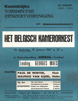 "Seizoen 1966-1967. 3de  abonnementsconcert Het Belgische kamerorkest (…) donderdag 19 januari 1967", affiche
