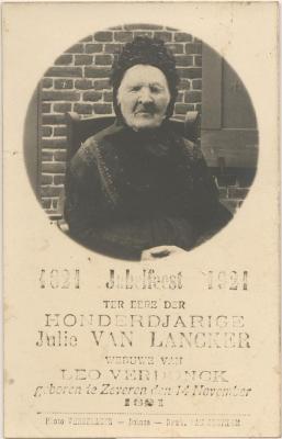 Julie Van Lancker als honderjarige (°14 nov 1821)