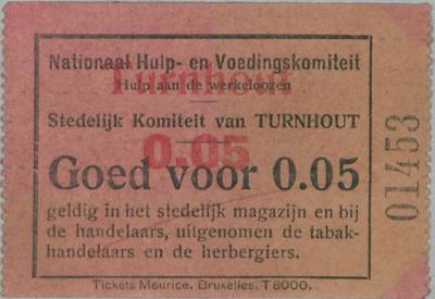 Noodgeld van het Nationaal hulp- en voedingskomiteit - hulp aan de werklozen - Stedelijk komiteit van Turnhout.