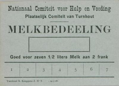Noodgeld van het Nationaal comiteit voor hulp en voeding - Plaatselijk comiteit van Turnhout  voor melk.