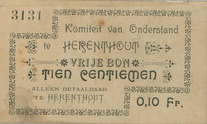 Noodgeld tijdens de Eerste Wereldoorlog uitgegeven door het Komiteit van Onderstand te Herenthout.