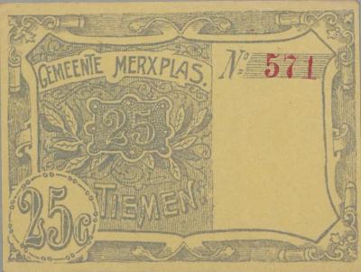 Noodgeld tijdens de Eerste Wereldoorlog uitgegeven door het Hulpkomiteit Merksplas.