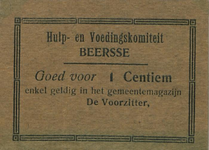 Noodgeld tijdens de Eerste Wereldoorlog uitgegeven door het Hulp- en voedingskomiteit Beerse.