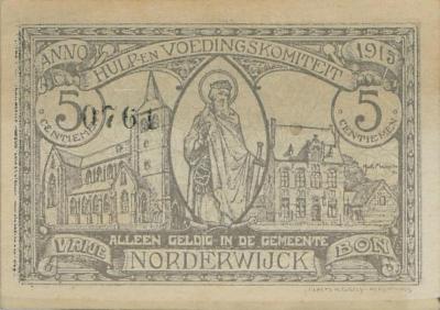 Noodgeld tijdens de Eerste Wereldoorlog uitgegeven door het Hulp- en voedingskomiteit van Noorderwijk.
