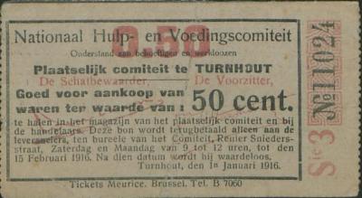 Noodgeld van het Nationaal hulp- en voedingskomiteit - Onderstand aan behoeftigen en werklozen - Plaatselijk komiteit te Turnhout.