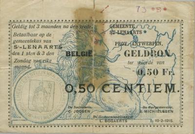 Noodgeld tijdens de Eerste Wereldoorlog uitgegeven door de gemeente Sint-Lenaarts.