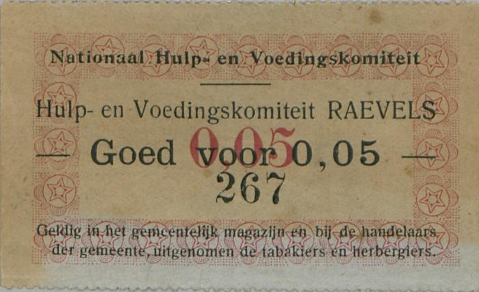 Noodgeld tijdens de Eerste wereldoorlog uitgegeven door het Nationaal hulp- en voedingskomiteit - Hulp- en voedingskomiteit Ravels.