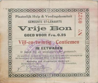 Noodgeld tijdens de Eerste Wereldoorlog uitgegeven door het Plaatselijk hulp- en voedingskomiteit - Gemeente Sint-Lenaarts.