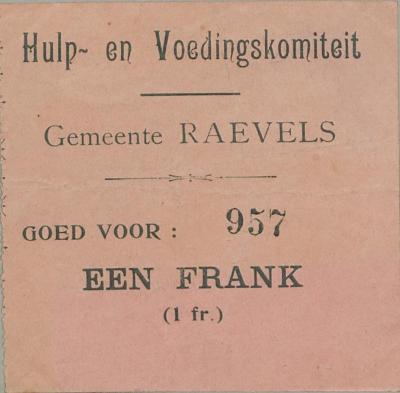 Noodgeld tijdens de Eerste Wereldoorlog uitgegeven door het Hulp- en voedingskomiteit - gemeente Ravels.