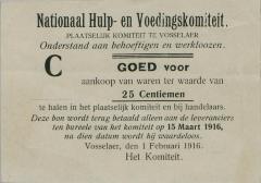 Noodgeld tijdens de Eerste wereldoorlog uitgegeven door het Nationaal hulp- en voedingskomiteit - Plaatselijk komiteit te Vosselaar - Onderstand aan behoeftigen en werklozen.