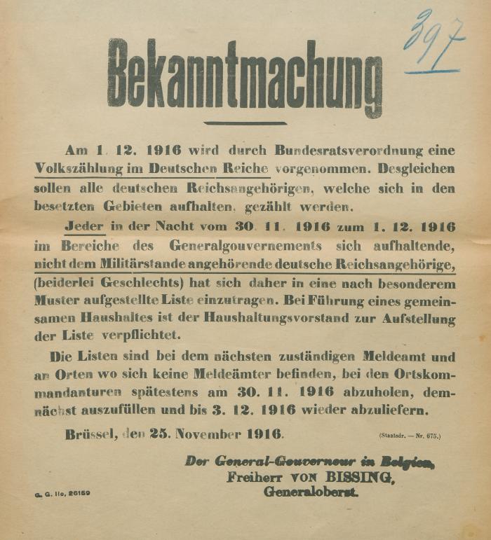 Bekanntmachung 25 november 1916