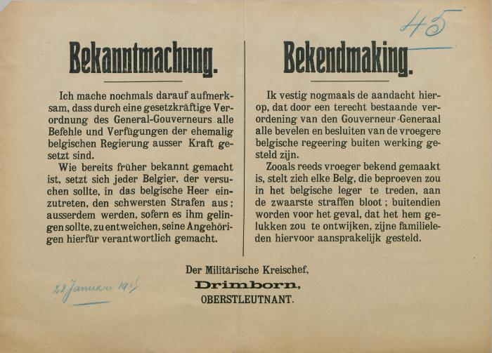 Bekanntmachung - Bekendmaking 22 januari 1915