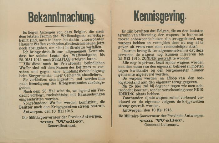 Bekanntmachung - Kennisgeving 10 mei 1915