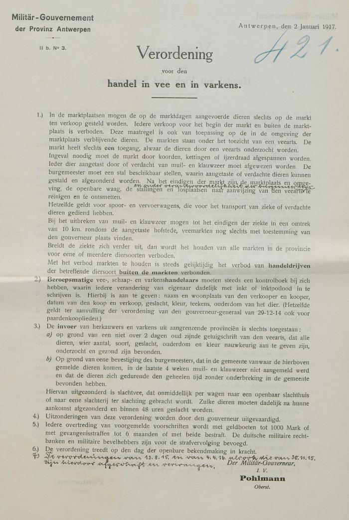 Verordening voor den handel in vee en in varkens.