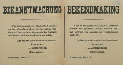 Bekanntmachung - Bekendmaking 29 februari 1916